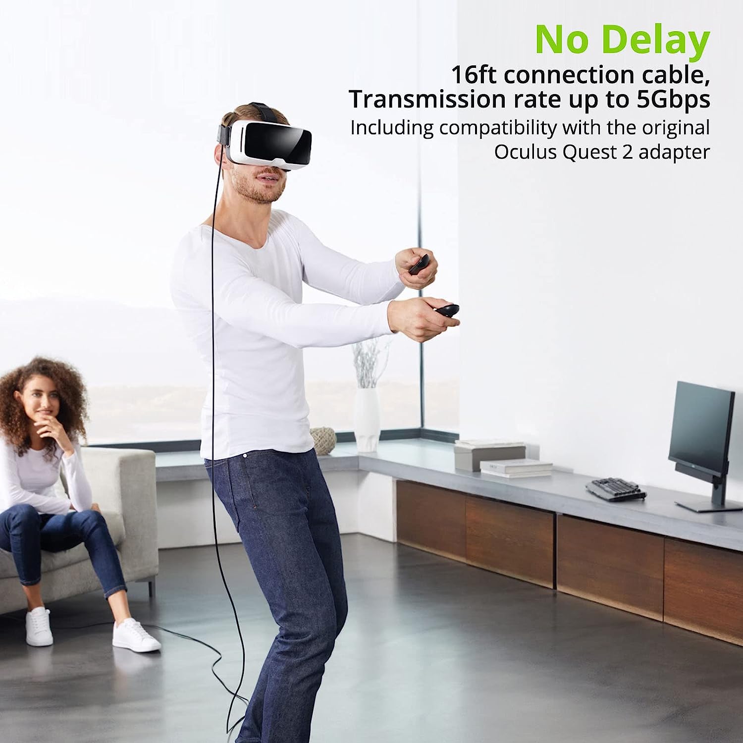 LiNKFOR 16FT Oculus Link Cable for Quest 2 /Pro/Pico 4 with Separate Charging Port for Unlimited 120HZ PC/Steam VR Playtime USB 3.0 Type A to C Cable for Oculus Quest Headset to a Gaming PC