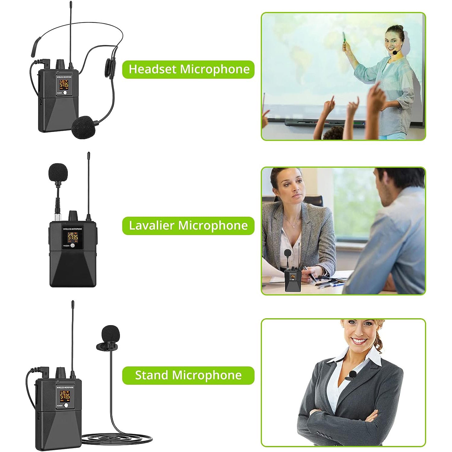 LiNKFOR UHF Wireless Lavalier Mic/Headset Mic/Stand Mic, 50 Channels with Transmitter and Rechargeable Receiver