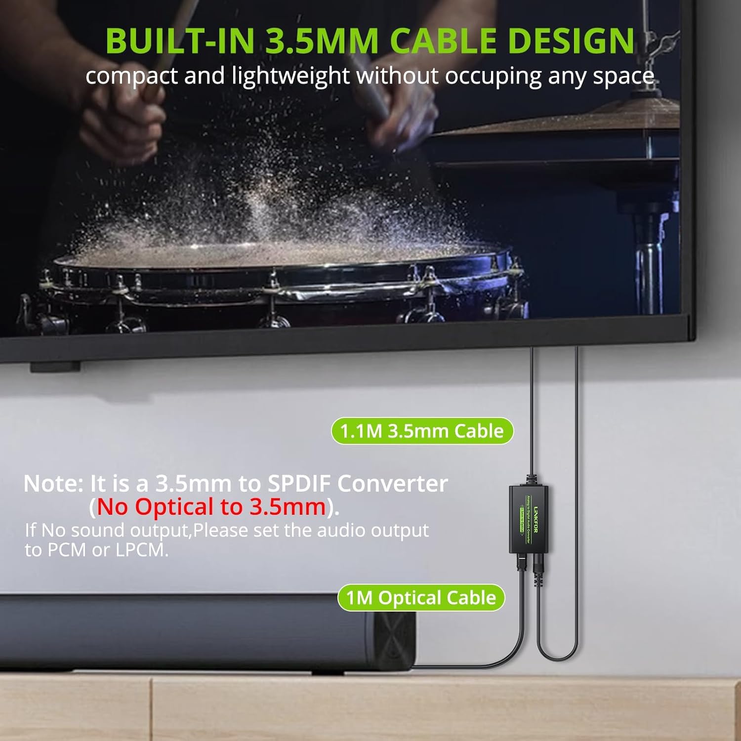 LiNKFOR 3.5mm to SPDIF Converter Analog to Digital Audio Adapter for Enhanced Sound Toslink Optical Output 3.5mm to Optical with Optical Cable for Amplifiers & Soundbars