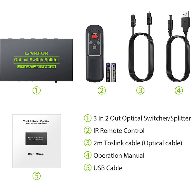 LiNKFOR 3 in 2 Out Optical Toslink SPDIF Splitter Switcher