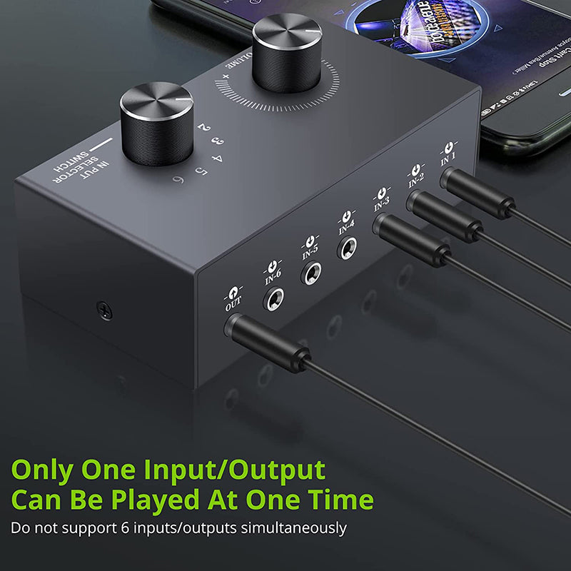LiNKFOR 6 Ports 3.5mm Audio Switcher Support 1 In 6 Out or 6 In 1 Out with Volume Control