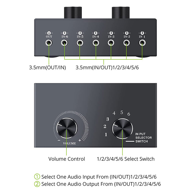 LiNKFOR 6 Ports 3.5mm Audio Switcher Support 1 In 6 Out or 6 In 1 Out with Volume Control