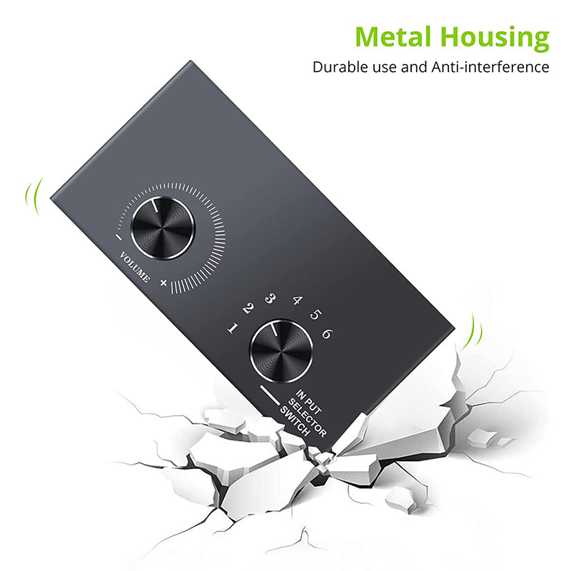 LiNKFOR 6 Ports 3.5mm Audio Switcher Support 1 In 6 Out or 6 In 1 Out with Volume Control