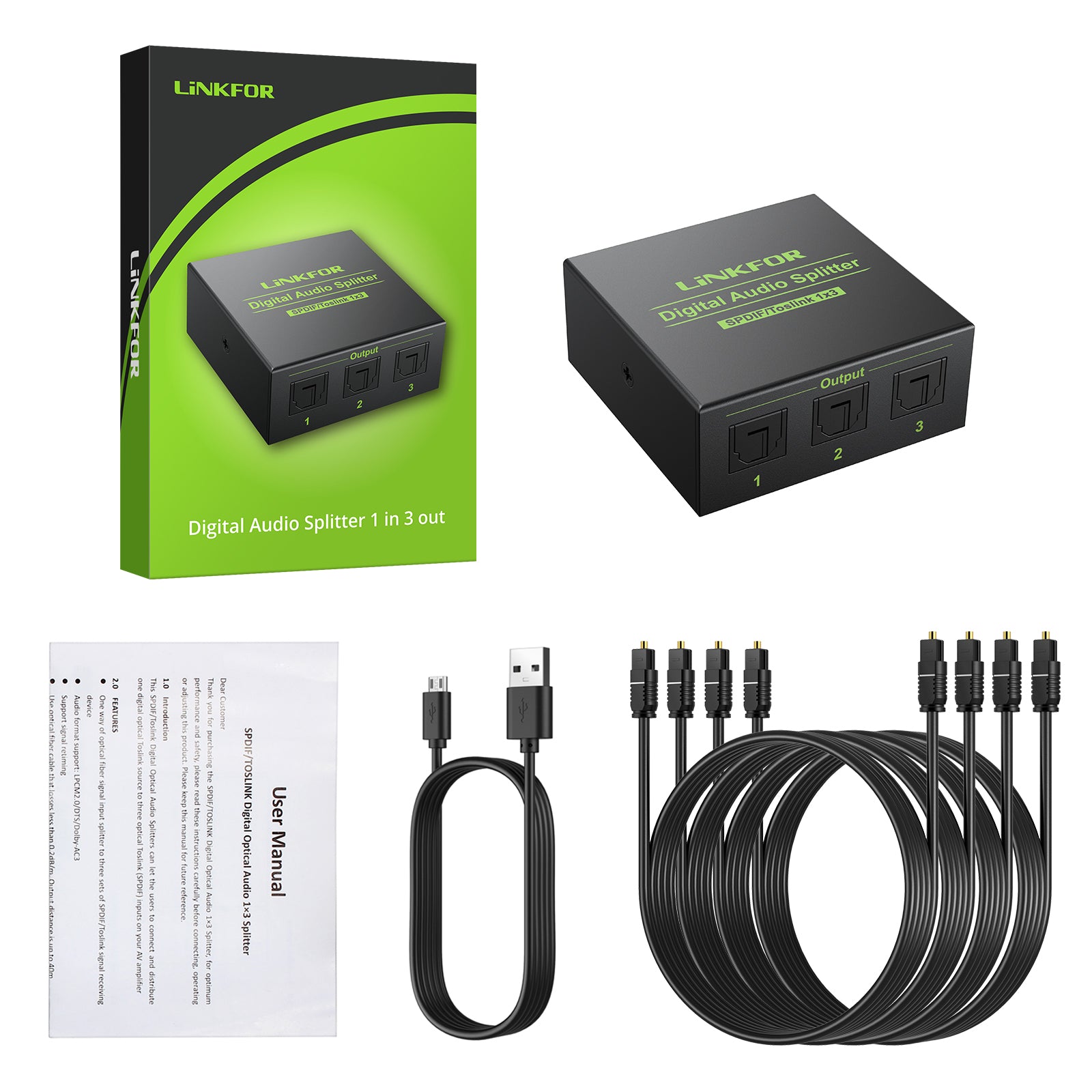 LiNKFOR 1x3 Toslink Optical Fiber Audio Splitter