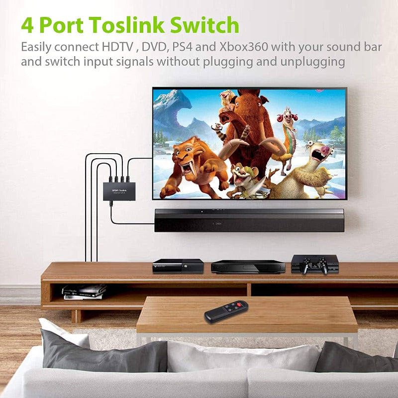 LiNKFOR Digital Optical Audio Switcher 4x1 SPDIF Toslink Switch Box
