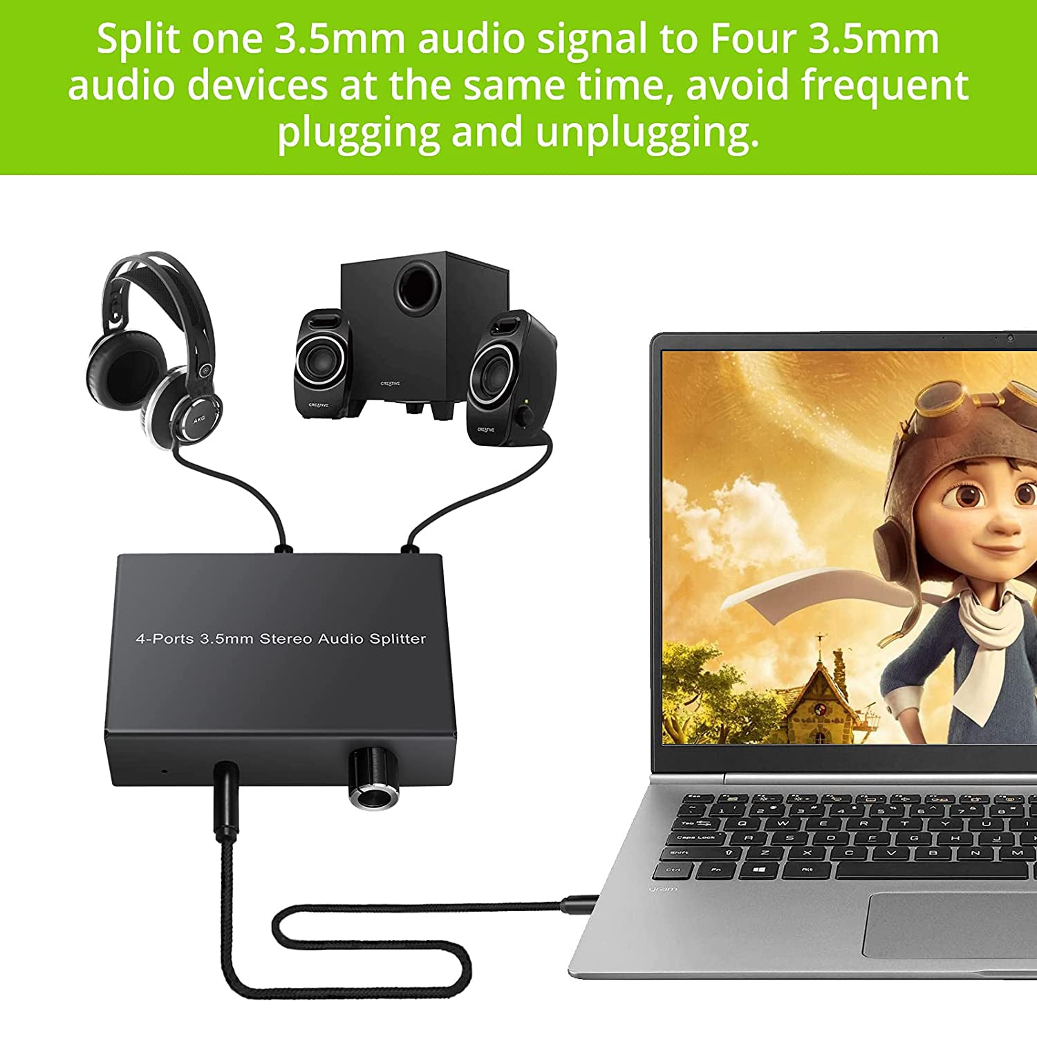 LiNKFOR 3.5mm Stereo Audio Splitter Support 1 In 4 Out