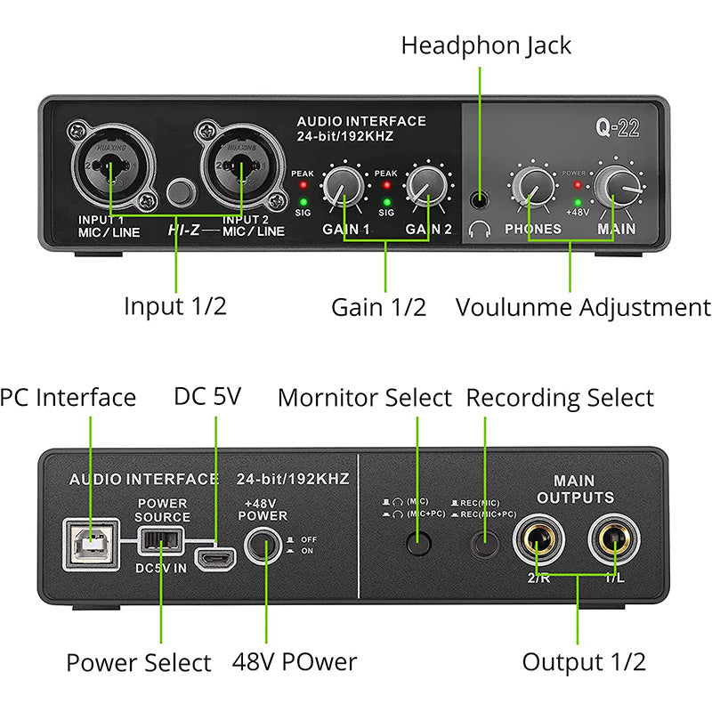 LiNKFOR 24 Bit/192 KHz USB Audio Interface 2i2 for Recording, Podcasting, Streaming (Free Driver)