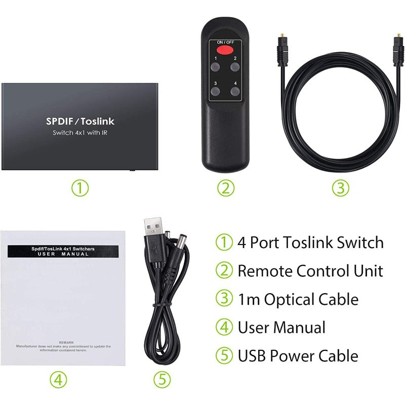 LiNKFOR Digital Optical Audio Switcher 4x1 SPDIF Toslink Switch Box