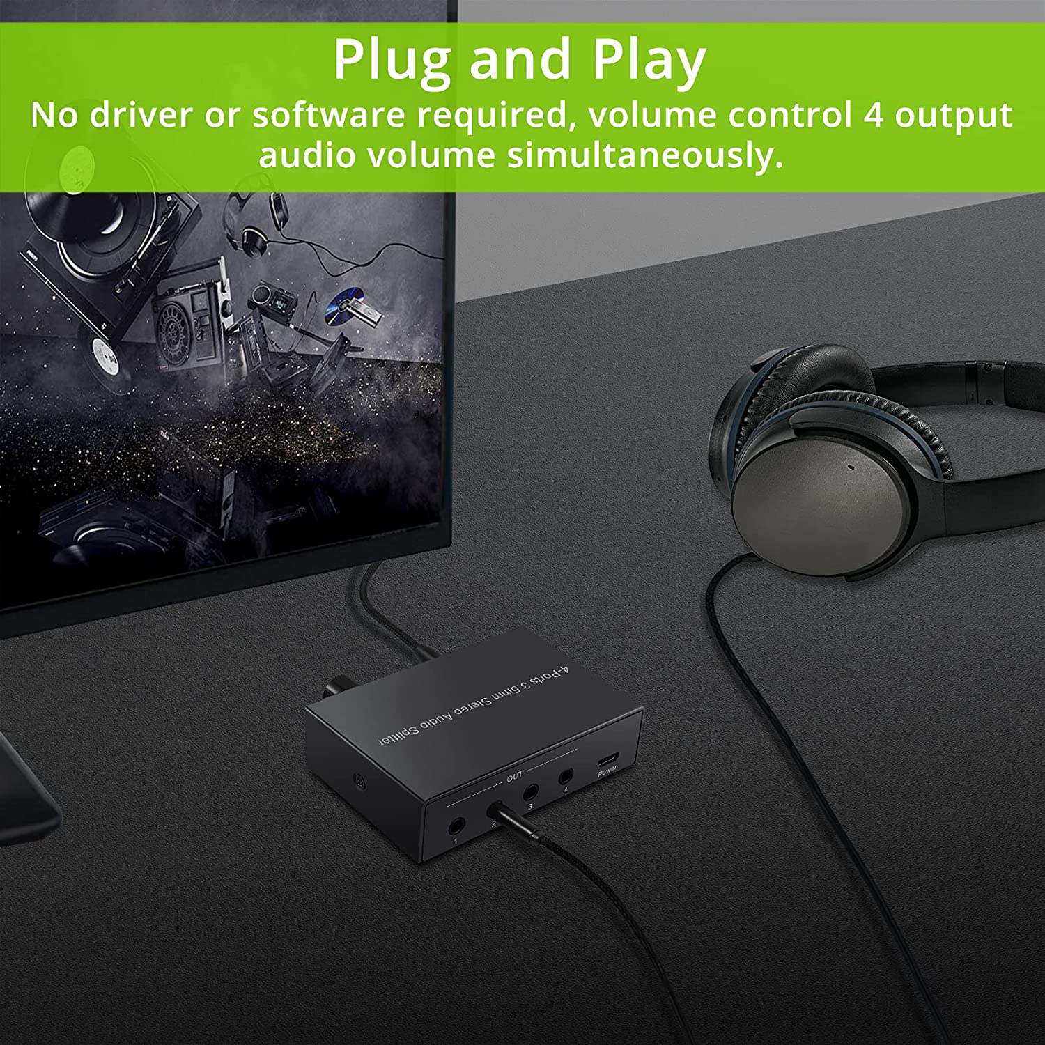 LiNKFOR 3.5mm Stereo Audio Splitter Support 1 In 4 Out