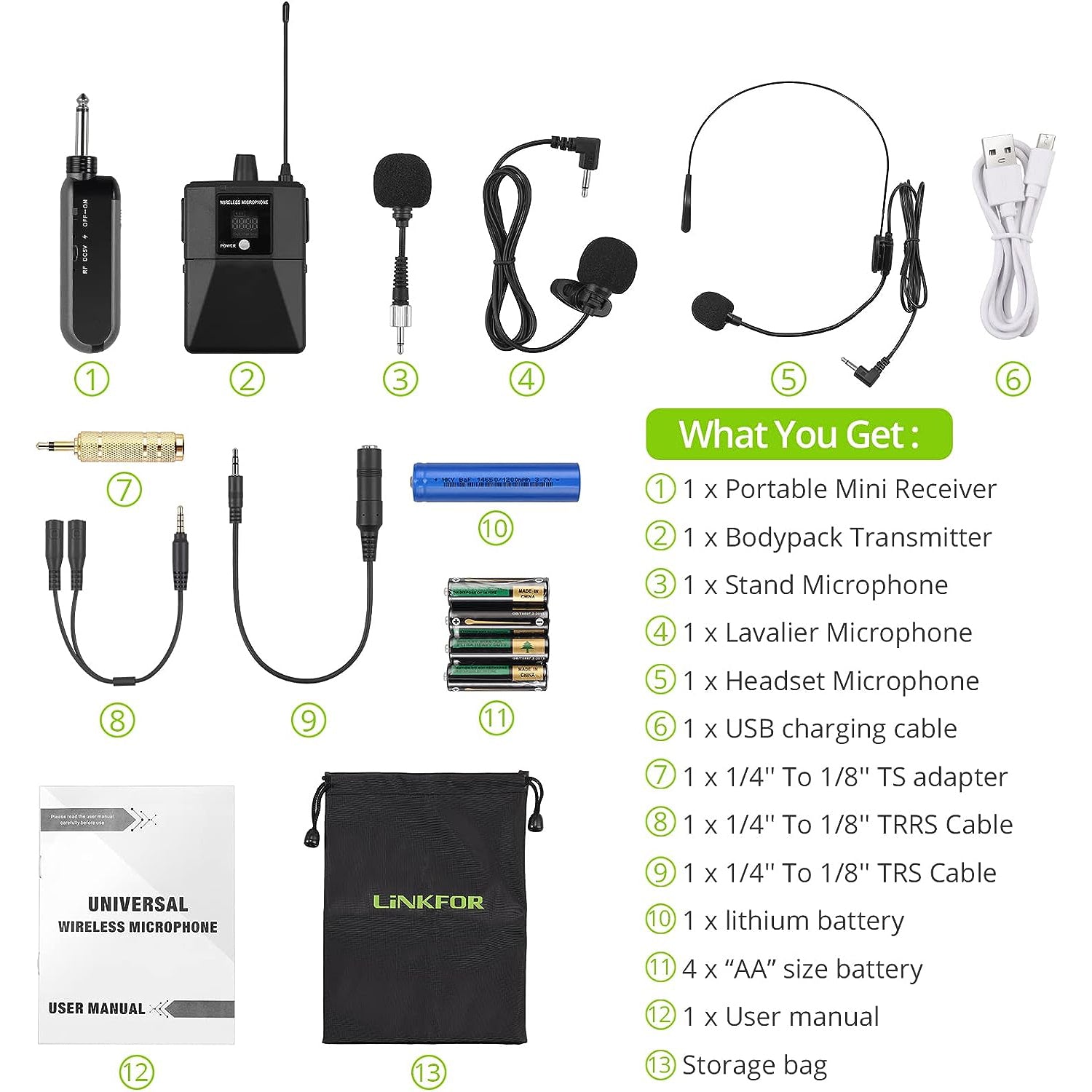 LiNKFOR UHF Wireless Lavalier Mic/Headset Mic/Stand Mic, 50 Channels with Transmitter and Rechargeable Receiver