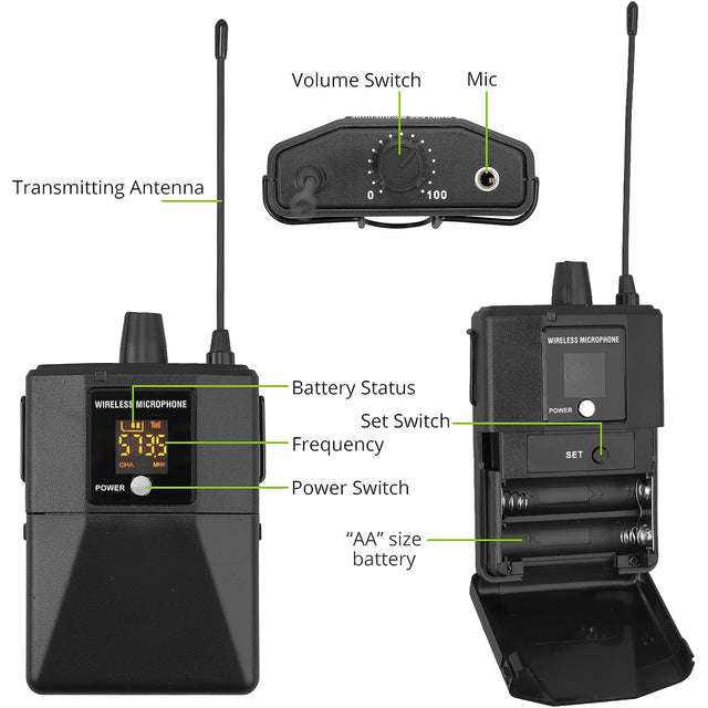 LiNKFOR UHF Wireless Lavalier Mic/Headset Mic/Stand Mic, 50 Channels with Transmitter and Rechargeable Receiver