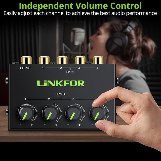 LiNKFOR 4 Channel Stereo Audio Mixer CX400 Metal Shell Support RCA Input and Output Mini Passive Stereo Mixer with Separate Volume Controls