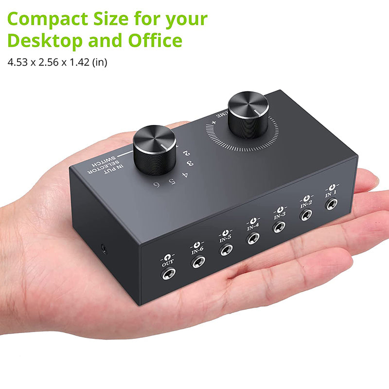 LiNKFOR 6 Ports 3.5mm Audio Switcher Support 1 In 6 Out or 6 In 1 Out with Volume Control