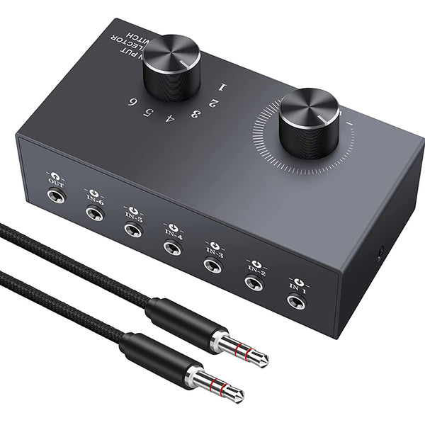 LiNKFOR 6 Ports 3.5mm Audio Switcher Support 1 In 6 Out or 6 In 1 Out with Volume Control