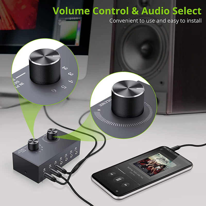 LiNKFOR 6 Ports 3.5mm Audio Switcher Support 1 In 6 Out or 6 In 1 Out with Volume Control