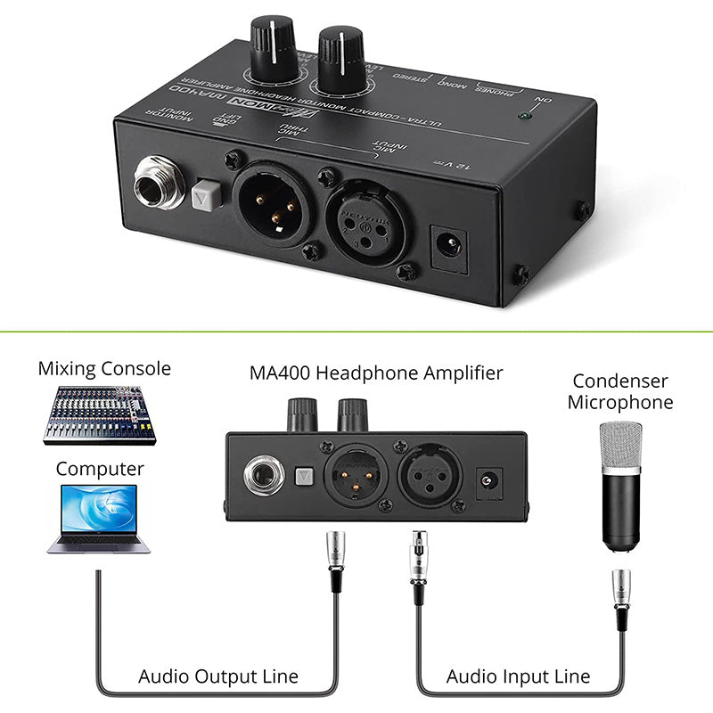 LiNKFOR MA400 Headphone Amplifier for XLR Microphone & Audio Signal