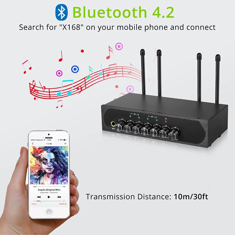 LiNKFOR 4 Channel UHF Wireless Microphone System Bluetooth 4.2 Receiver