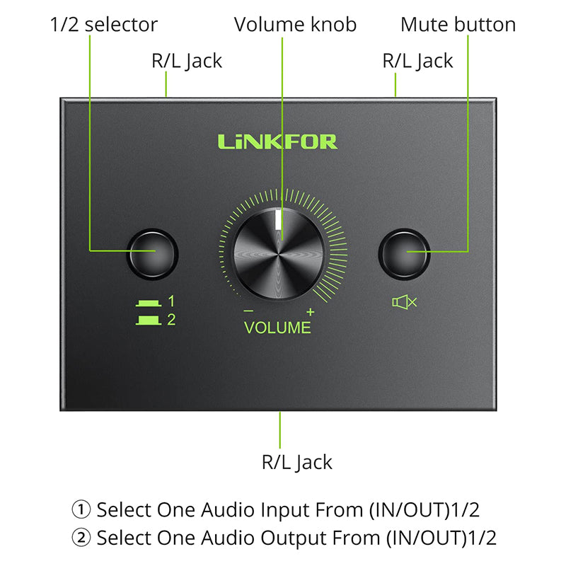 LiNKFOR 3.5mm Stereo Audio Switcher Support 1 In 2 Out or 2 In 1 Out