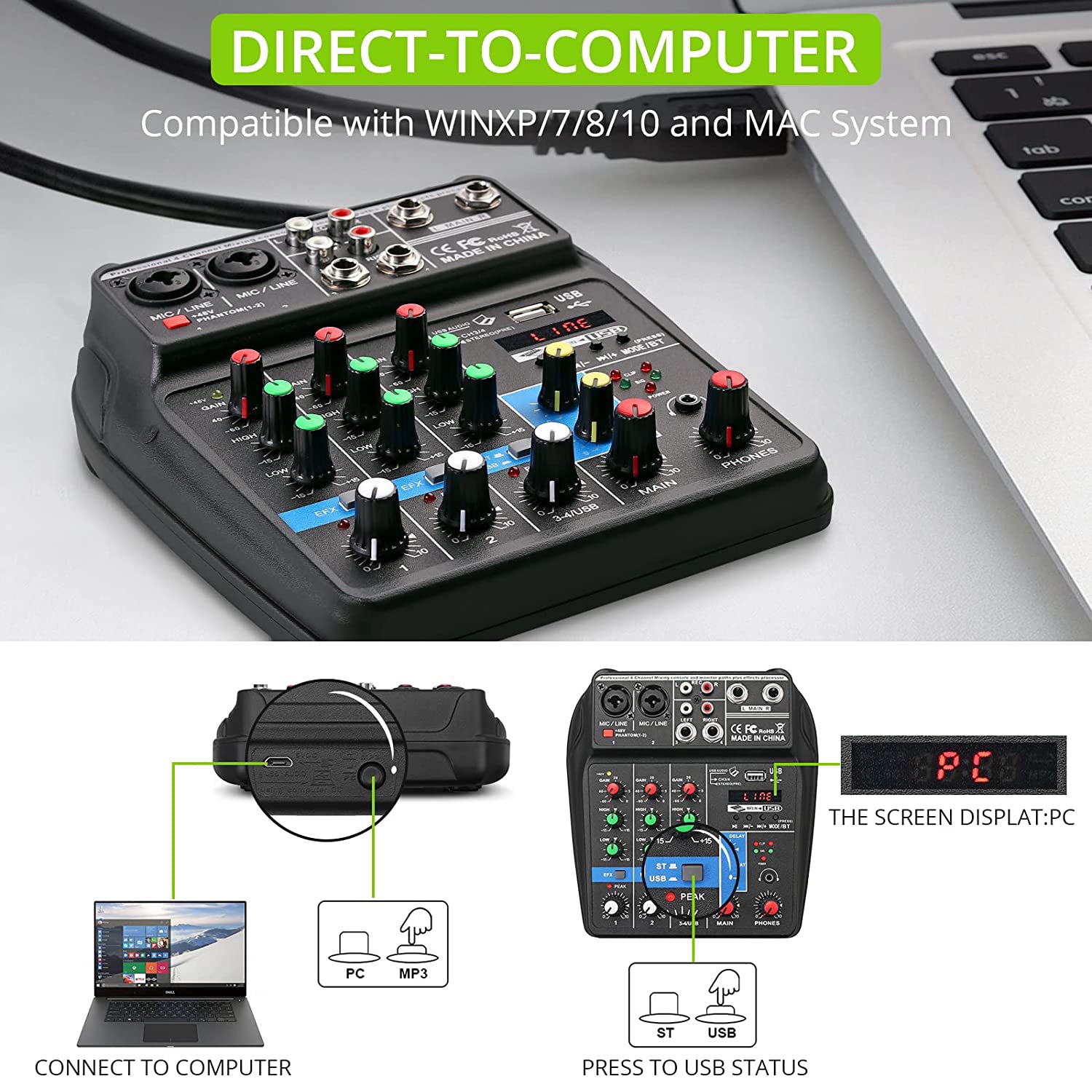 LiNKFOR Portable 4-Channel Audio Mixer Bluetooth 5.0