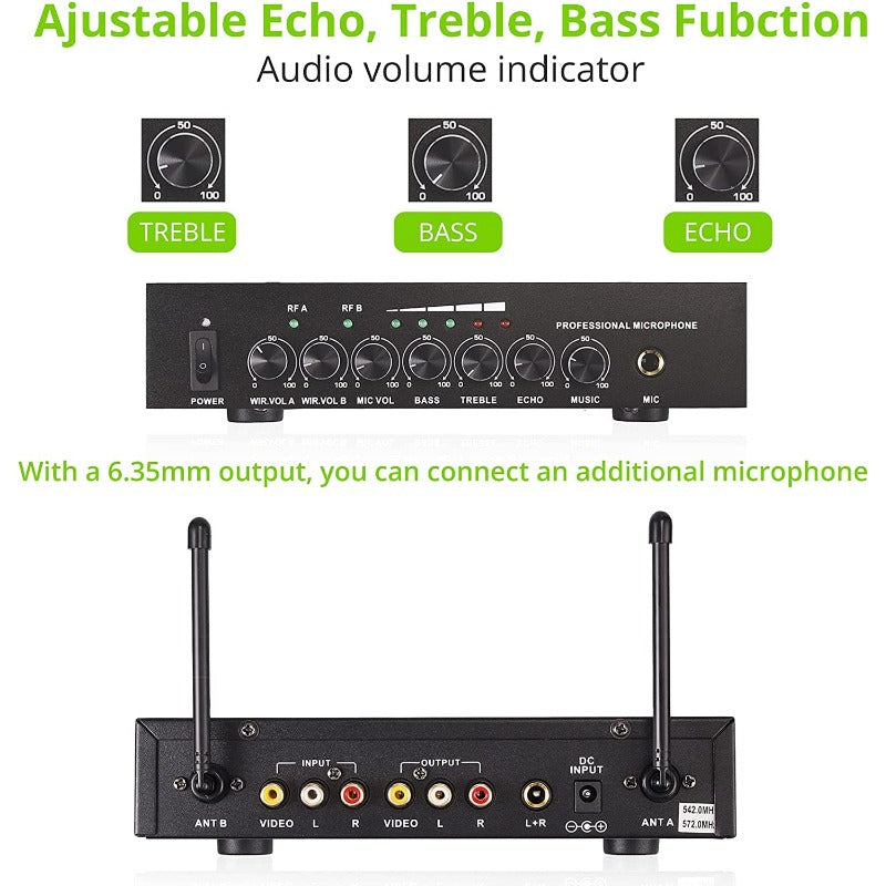 LiNKFOR UHF Wireless Microphone System with Bluetooth 4.2 Receiver Dual Channel Handheld Wireless Microphone with Multi Adjustable Knob